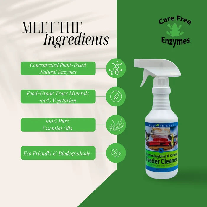 Hummingbird & Oriole Feeder Cleaner Spray: Eco-friendly, enzyme-based formula with essential oils in a 16 oz. spray bottle, ideal for cleaning nectar feeders effectively.