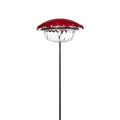 Hummingbird Plant Stick with a solar-powered red flower cap, clear lens, and black metal stake, designed to attract hummingbirds with a 3 oz. feeder capacity.