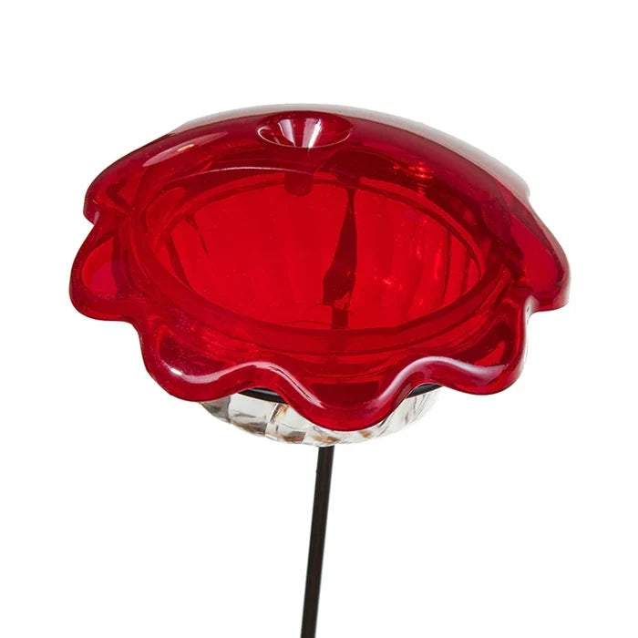 Hummingbird Plant Stick: Red, petal-shaped glass bowl on metal stake; mimics a flower, attracting hummingbirds. Features clear dish for nectar, easy to clean.