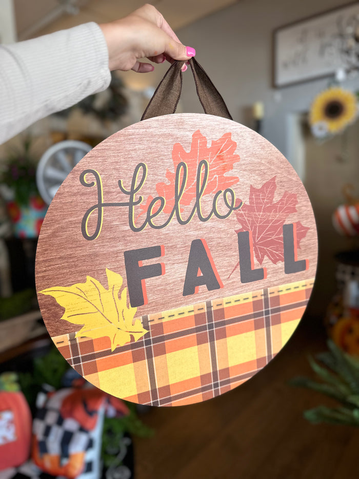 Hello Fall Plaid Door Hanger with Leaf Accents and Wood Background