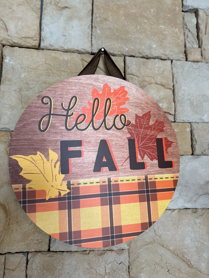 Hello Fall Plaid Door Hanger with Leaf Accents and Wood Background