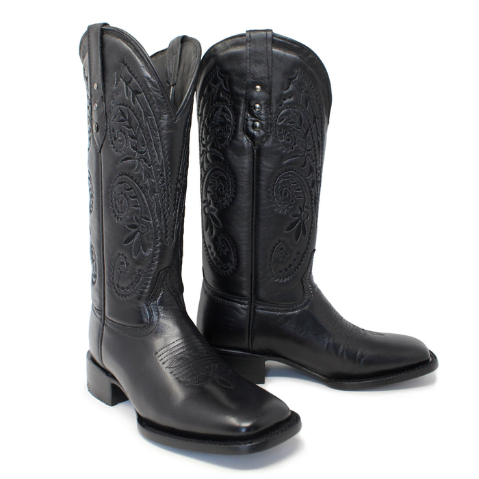 Pair of Artillero women’s cowboy boots in black leather with 12 inch shaft, wide square toe, and stitched Western design