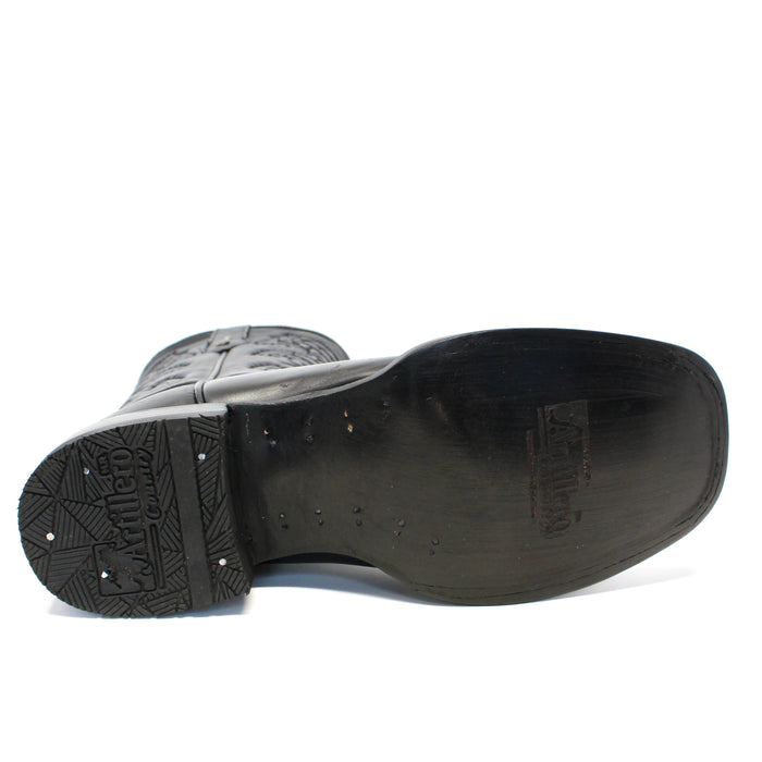 Close-up of outsole Artillero women’s black leather cowboy boot with embossed logo on black leather outsole