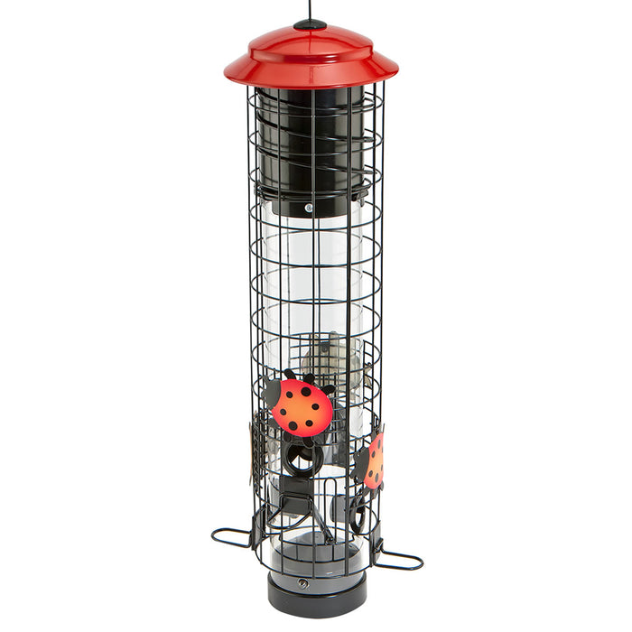Ladybug Squirrel-Resistant Tube Feeder with a red roof, black cage, clear tube, seed ports, and perches, designed to deter squirrels and attract birds.