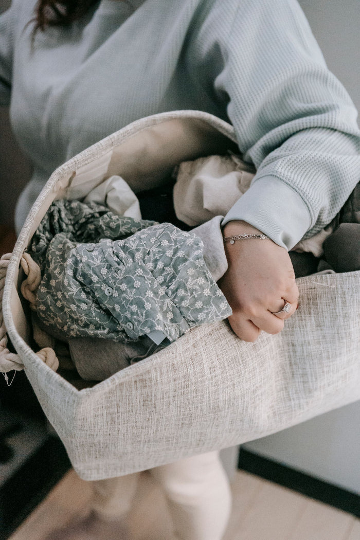 Washed linen storage bin with cut-out handles