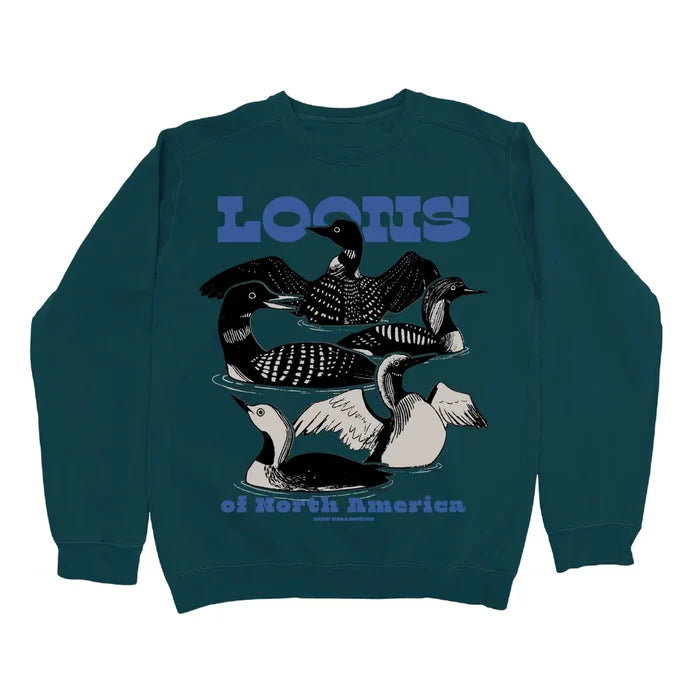Loons of North America Sweatshirt features stylized loon illustrations and text, highlighting North American species. Unisex fit, screen printed with PVC-free inks.