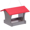 Medium Hopper Bird Feeder, Gray and Red, with plexi-glass windows and built-in perching, holds 3 lbs. of seed. Features a lift roof and metal mesh flooring.
