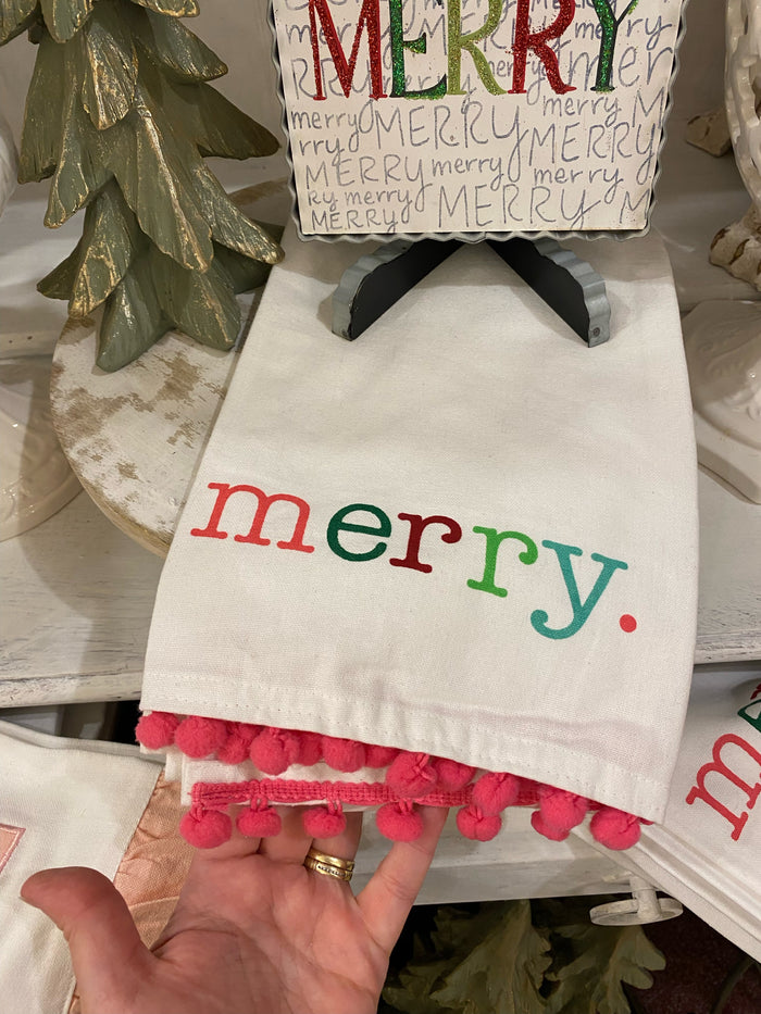 Merry White Hand Towel Bright Pink Pom Pom Trim Christmas