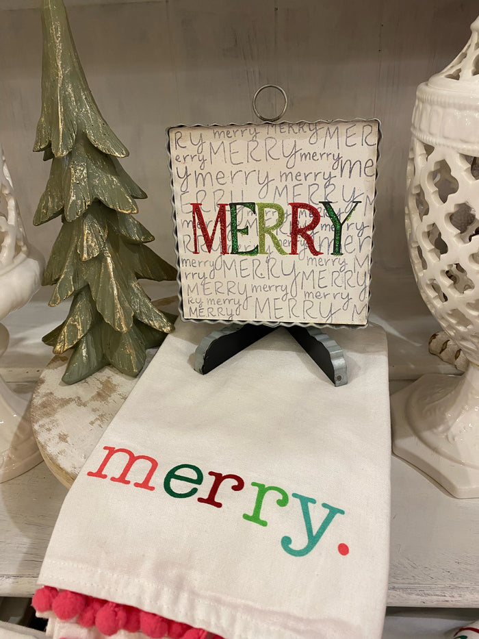 Merry White Hand Towel Bright Pink Pom Pom Trim Christmas