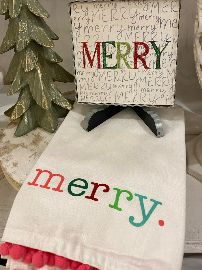 Merry White Hand Towel Bright Pink Pom Pom Trim Christmas