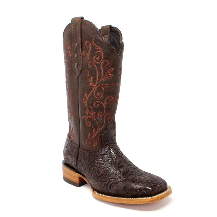Single Artillero women’s cowboy boot – brown leather, printed floral vamp, wide square toe, 1.5 inch heel, 11 inch embroidered shaft