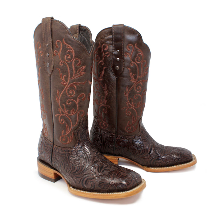 Pair of Artillero women’s cowboy boots in brown leather with printed floral design and red embroidered 11-inch shaft