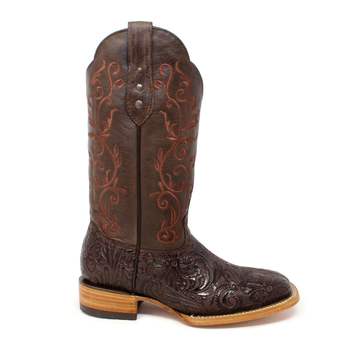 side view of Artillero women’s cowboy boot – brown leather, printed floral vamp, wide square toe, 1.5 inch heel, 11 inch embroidered shaft