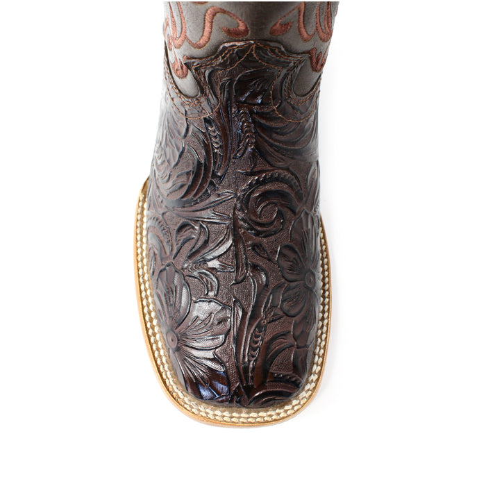 Top view Artillero women’s cowboy boot – brown leather with tooled print design