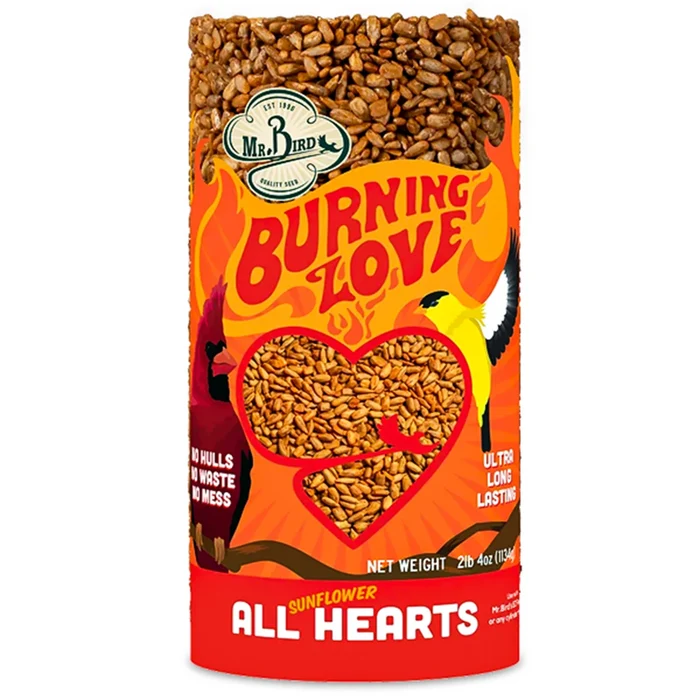Burning Love Cylinder Small: A cylindrical canister of Mr. Bird sunflower hearts with heart-shaped window, promising no mess and deterring squirrels with capsaicin.