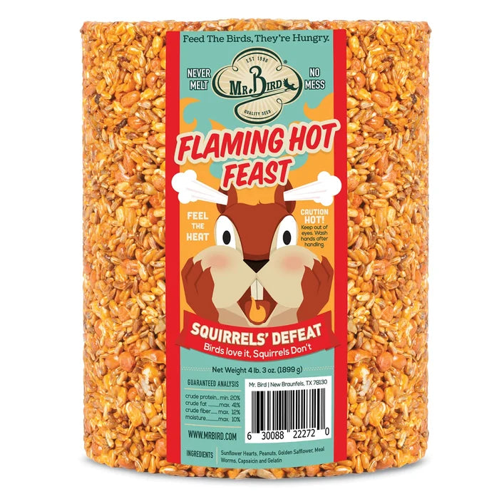 Flaming Hot Feast Seed Log, Jumbo, a suet-style bird feed cake repelling squirrels with capsaicin, features sunflower hearts, peanuts, mealworms, and safflower.