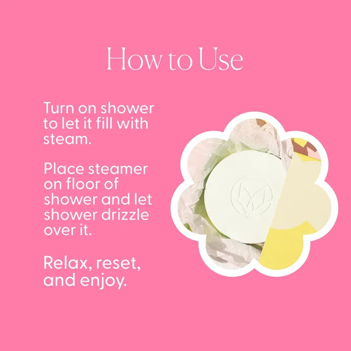 Instructions on how to use a shower steamer with a pink background