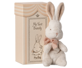 Plush bunny toy with a bow and decorative box labeled 'My First Bunny' on a white background.