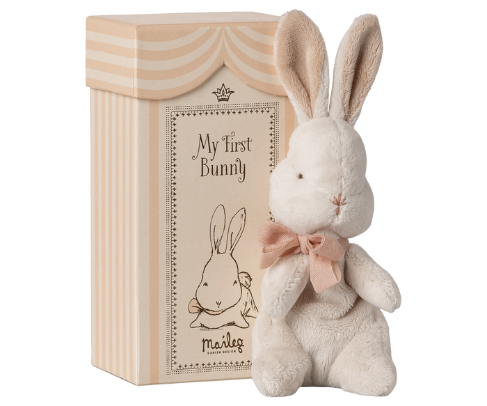 Plush bunny toy with a bow and decorative box labeled 'My First Bunny' on a white background.