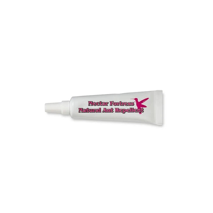 Nectar Fortress Natural Hummingbird Ant Repellent in a squeeze-tube with a hummingbird logo, designed as a non-toxic, weather-resistant gel for repelling ants from feeders.