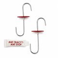 Two metal feeder hooks with red nectar protection disks and a packet of Ant Tracy's Ant Stop ant barrier treatment on a white background.