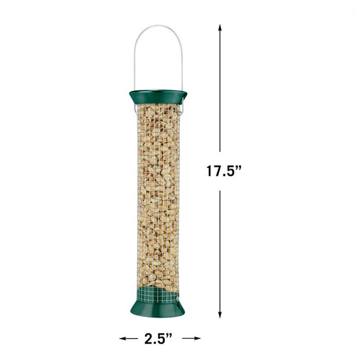 New Generations Metal Peanut Feeder with a snug sliding cap and stainless steel mesh, designed for easy filling and attracting woodpeckers to your yard.