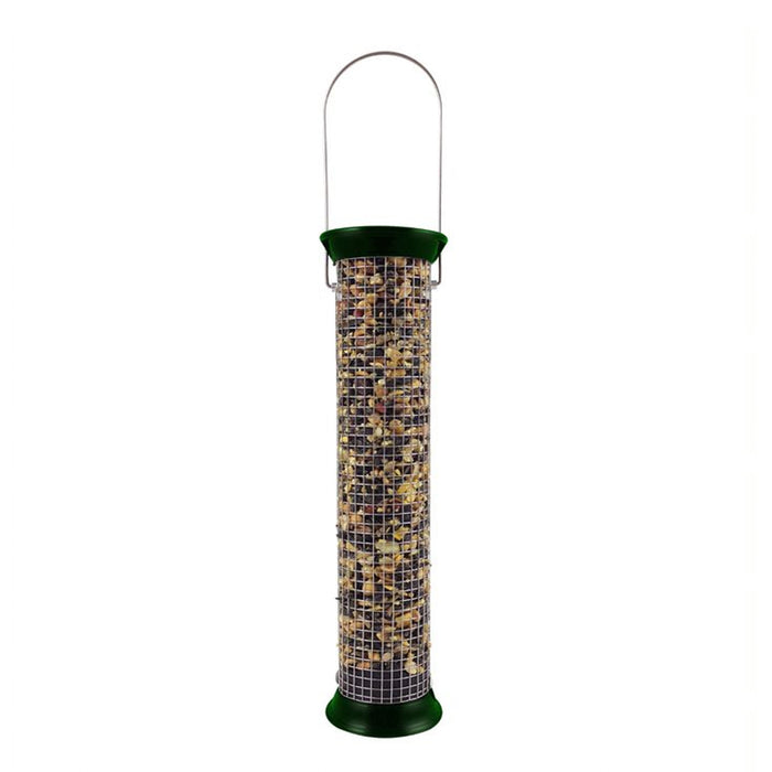 New Generations Metal Peanut Feeder with wire mesh tube, designed for woodpeckers, features a snug sliding cap and sturdy zinc die-cast metal construction.