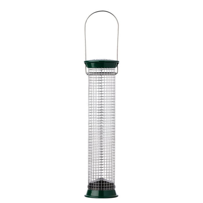 New Generations Metal Peanut Feeder with green handle, featuring a durable zinc die-cast cage and sliding cap for easy top filling and squirrel resistance.