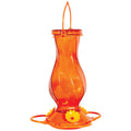 Orange Twist Glass Oriole Feeder with three flower feeding ports, a spacious perch, and a see-through reservoir. Features twist-off base for easy cleaning.