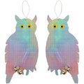 Owl Bird Repellent Reflective Holographic, 2 Pack: Two owl-shaped tags with bells, designed as bird deterrents with iridescent surfaces for gardens and patios.