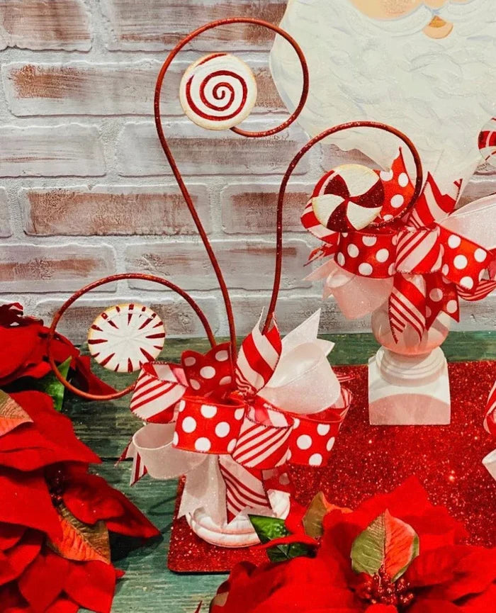 Peppermint Red Scroll Christmas Metal Stake or Tree Topper