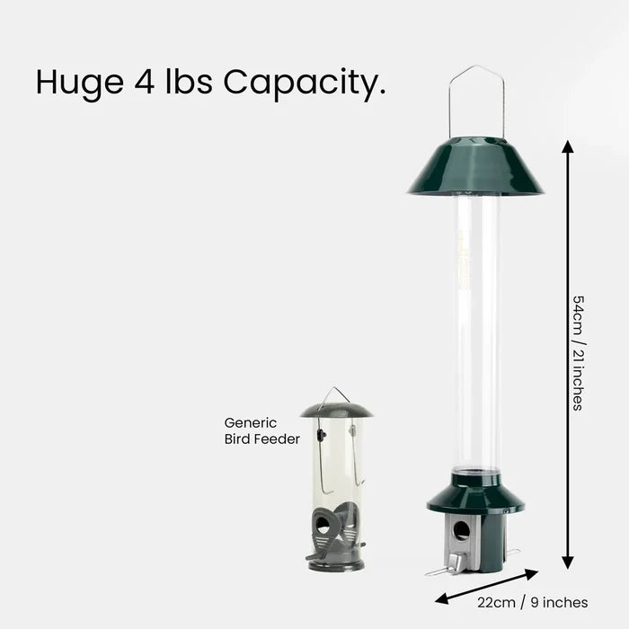 PestOff Squirrel Proof Bird Feeder 2.0, green metal with clear tube, 54 cm tall, holds 4 lbs seed, features spring-loaded perches to deter squirrels.