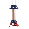 PestOff Squirrel Proof Bird Feeder US Flag featuring two Northern Cardinals, showcases spring-loaded perches and a patriotic design, effectively deterring squirrels.