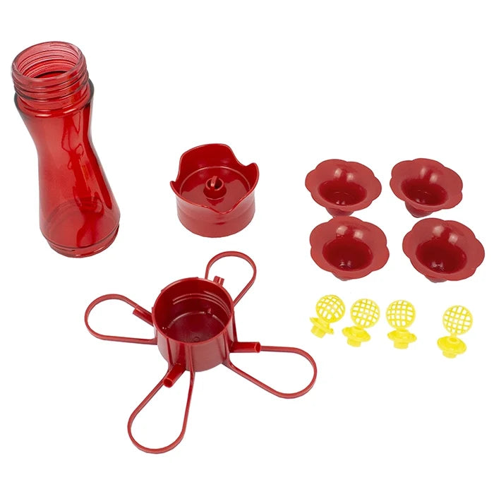 Pinch Waist Hummingbird Feeder disassembled: includes red nectar reservoir, screw-on lid, base with perches, flower-shaped feeding covers, and yellow inserts.