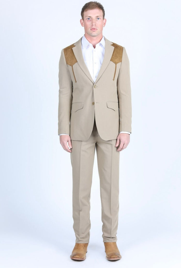 Platini Men's Western Suit with Suede Yokes - Khaki