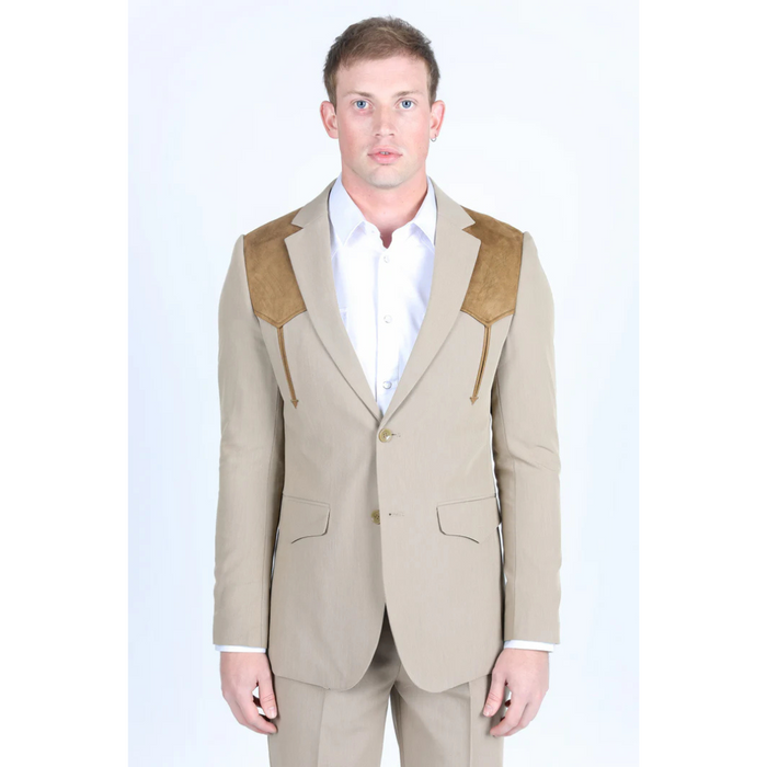 Platini Men's Western Suit with Suede Yokes - Khaki