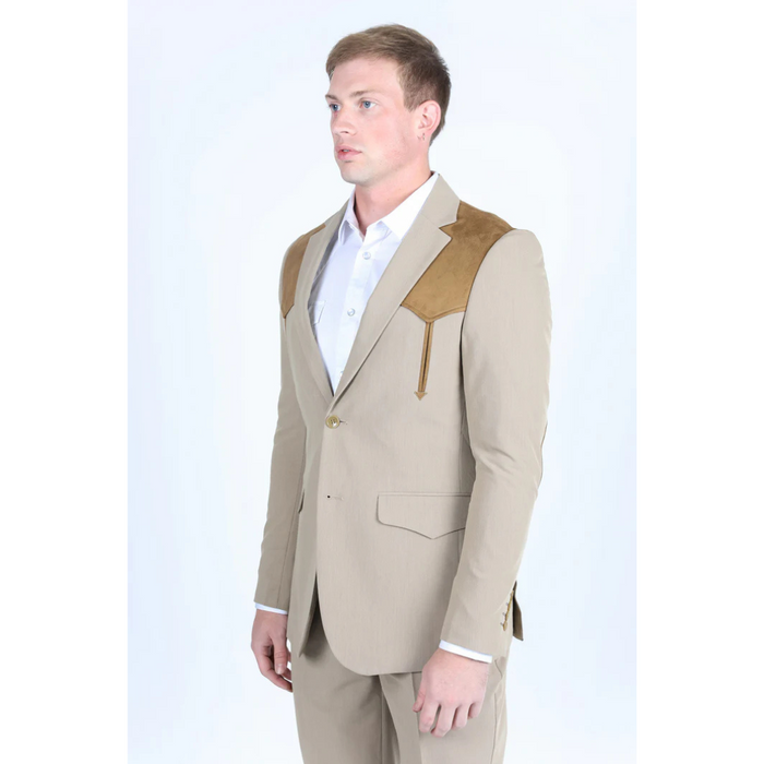 Platini Men's Western Suit with Suede Yokes - Khaki