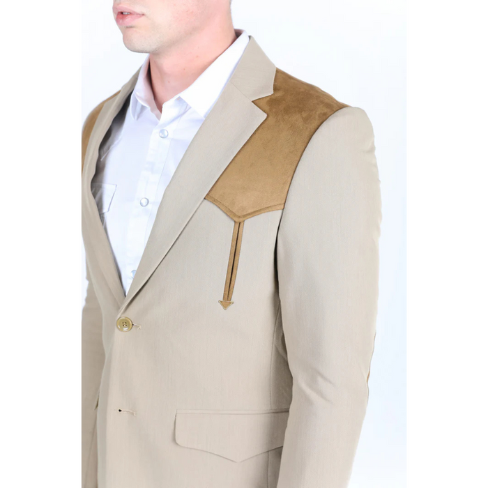 Platini Men's Western Suit with Suede Yokes - Khaki