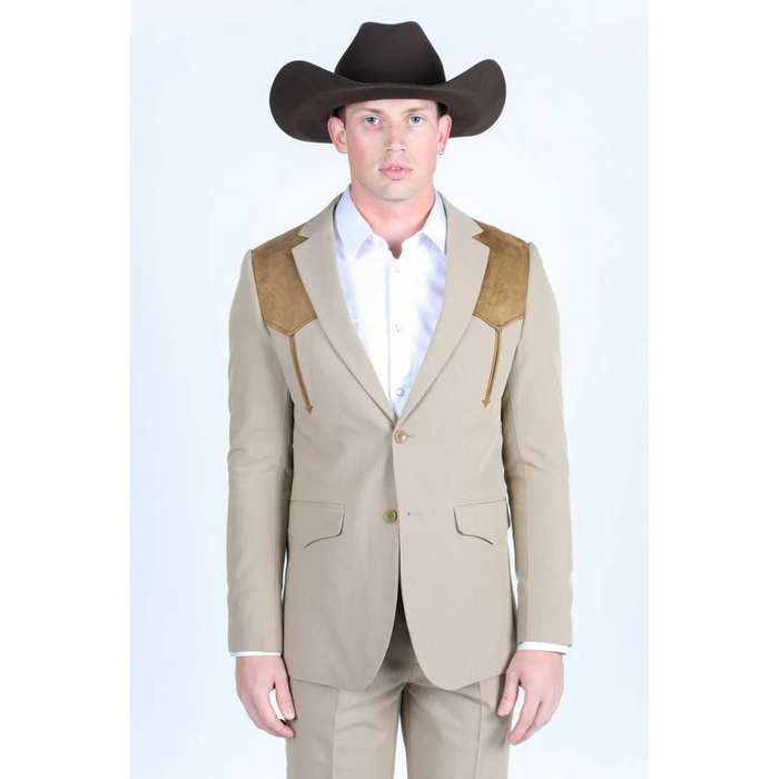 Platini Men's Western Suit with Suede Yokes - Khaki