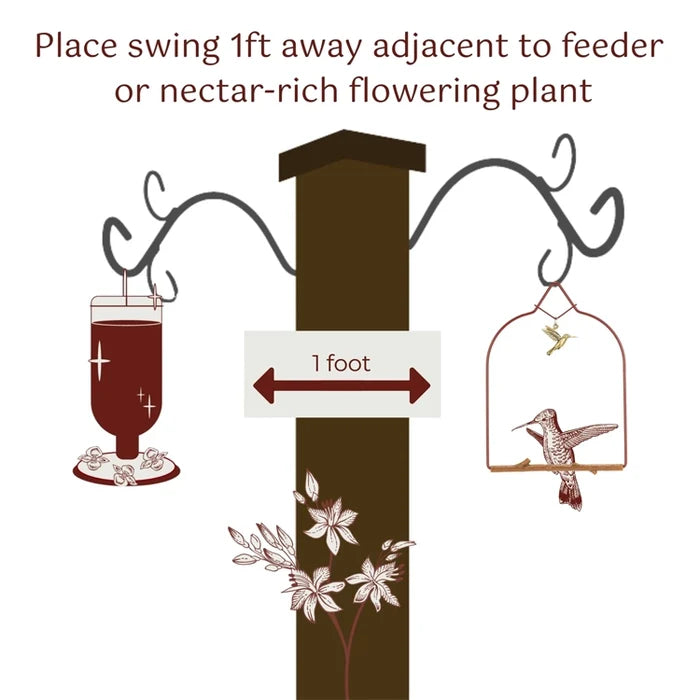 Diagram showing a bird feeder with a swing placed 1 foot away on a white background.