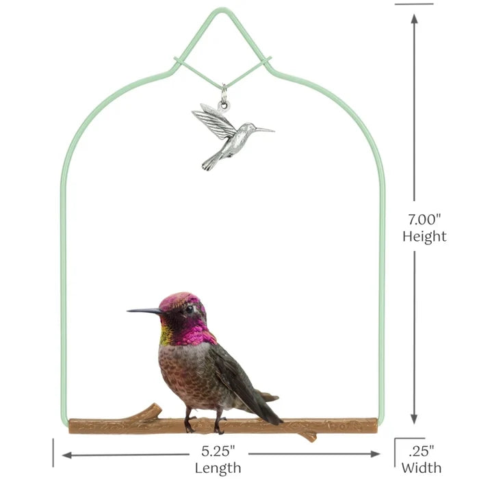 Decorative hummingbird ornament with measurements on a white background