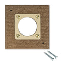 Predator Guard With Metal Portal showing a square wood frame with a central hole and screws, designed to protect nesting baby birds from predators.
