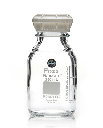 PUREGRIP® Rhino Safety Coated Glass Bottles, Clear, 250mL, with GL45 VersaCap - Lab-Grade, 4/CS | img_1 | Foxx Life Sciences Global | shopfls.com