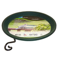 Quick Connect Bird Bath with a round tray, bird design, and black handle. Attaches to 1-inch poles, easy to clean, durable construction.