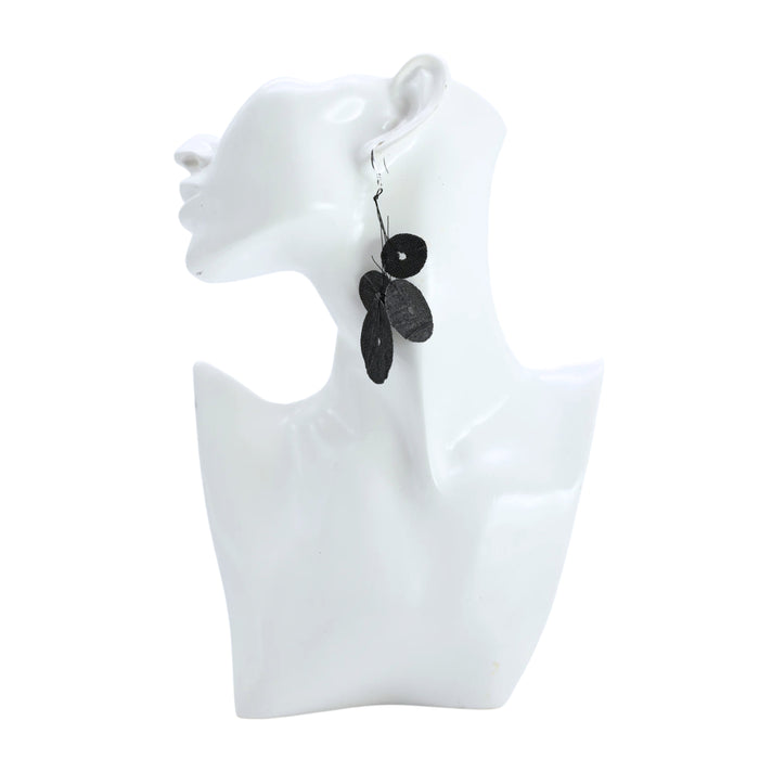 Recycled Newspaper Water Lily on Fishing Wire Earrings - Black