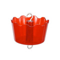 Red metal hanging basket with scalloped edge on a white background
