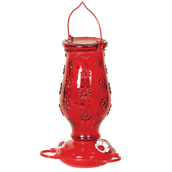 Red Floral Glass Hummingbird Feeder with red glass, white flower-shaped feeding ports, and a wire hanger for easy installation.