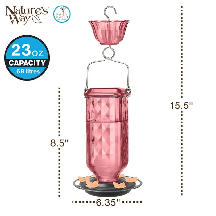 Product dimension diagram of the Rosewood Column Antique Hummingbird Feeder with ant moat showing overall height, feeder width, and hanging hardware specifications.