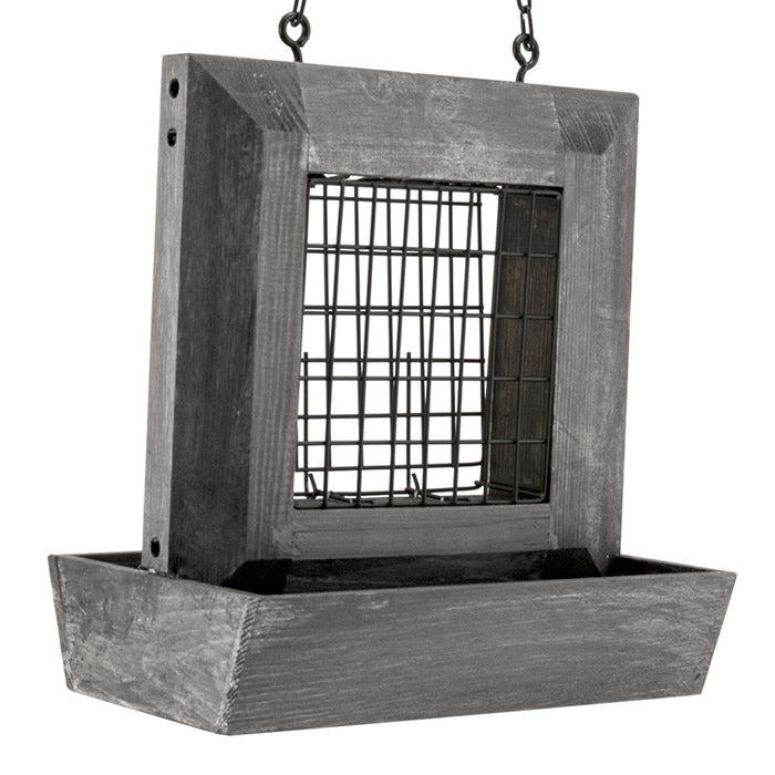 Rustic Farmhouse Wood Window Suet Feeder & Seed Box hanging from a chain, made of solid wood with a distressed finish, designed to hold suet cakes and seeds.