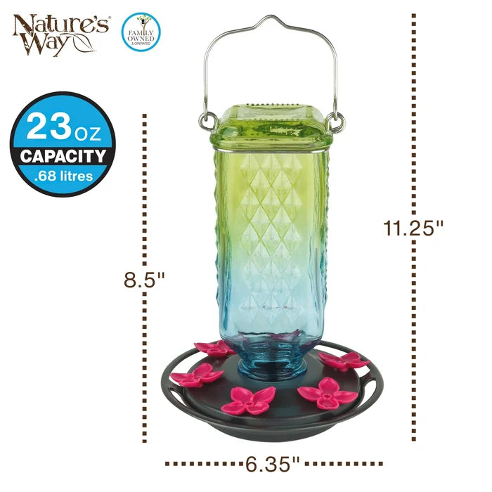 Product dimension diagram of the Seafoam Ombre Column Antique Hummingbird Feeder showing overall height, feeder width, and hanging hardware specifications.